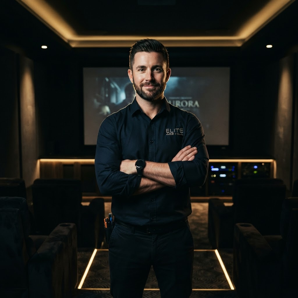 Maccoustics home theater integrator in a completed cinema room