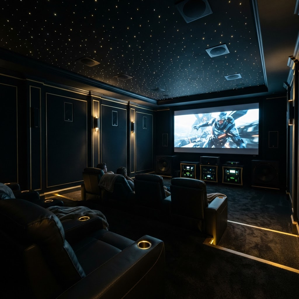 Dolby Atmos home theater with star-lit fiber optic ceiling