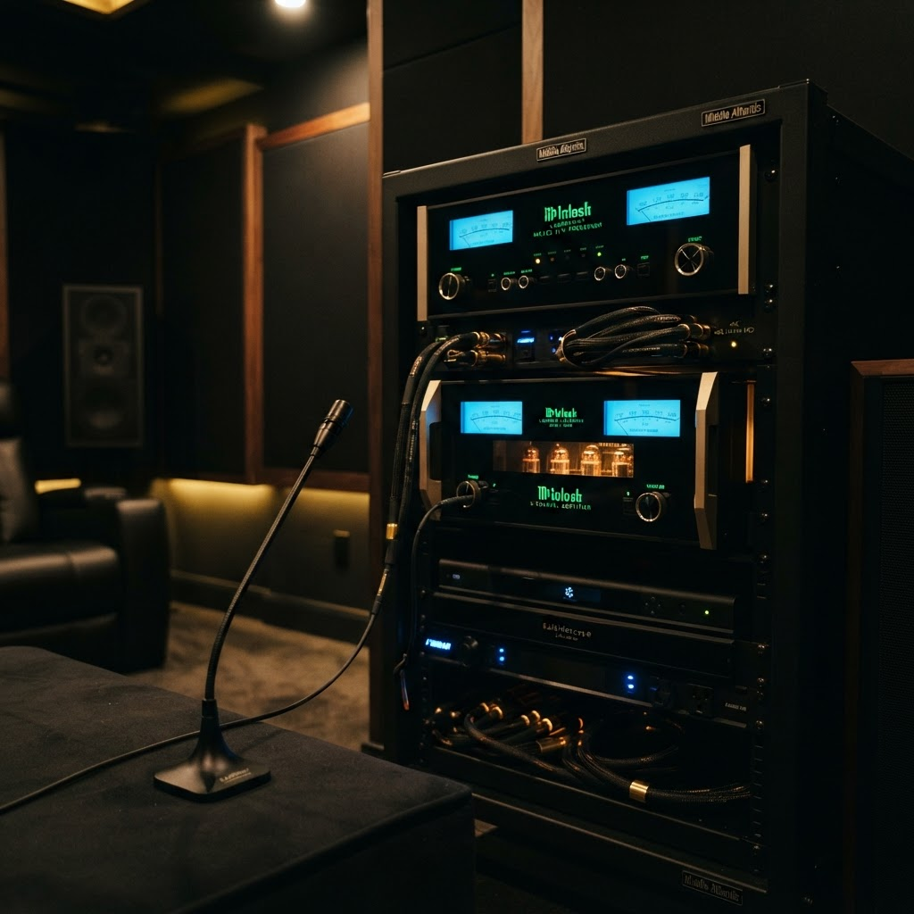 High-end AV equipment rack with calibration microphone