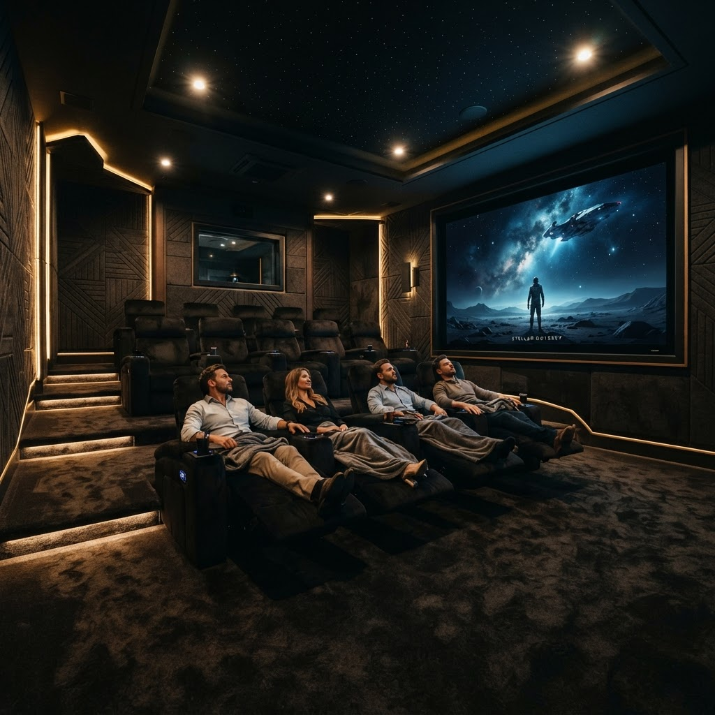 Luxury private home cinema with glowing projection screen and premium seating